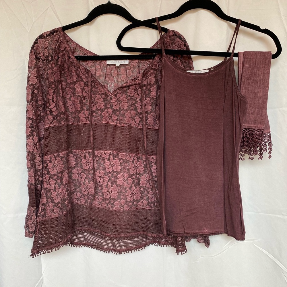 AZIZA top, 3 piece set, top, with cami and scarf burgundy Size Medium